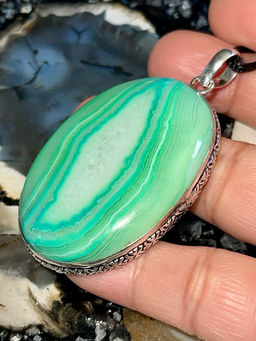 Jumbo Green Oval Banded Bostwana Agate Pendant 2 1/2”